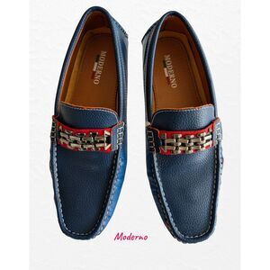 Moderno Driving Loafers Blue Red Chain Moc Toe Slip On Driver Shoes